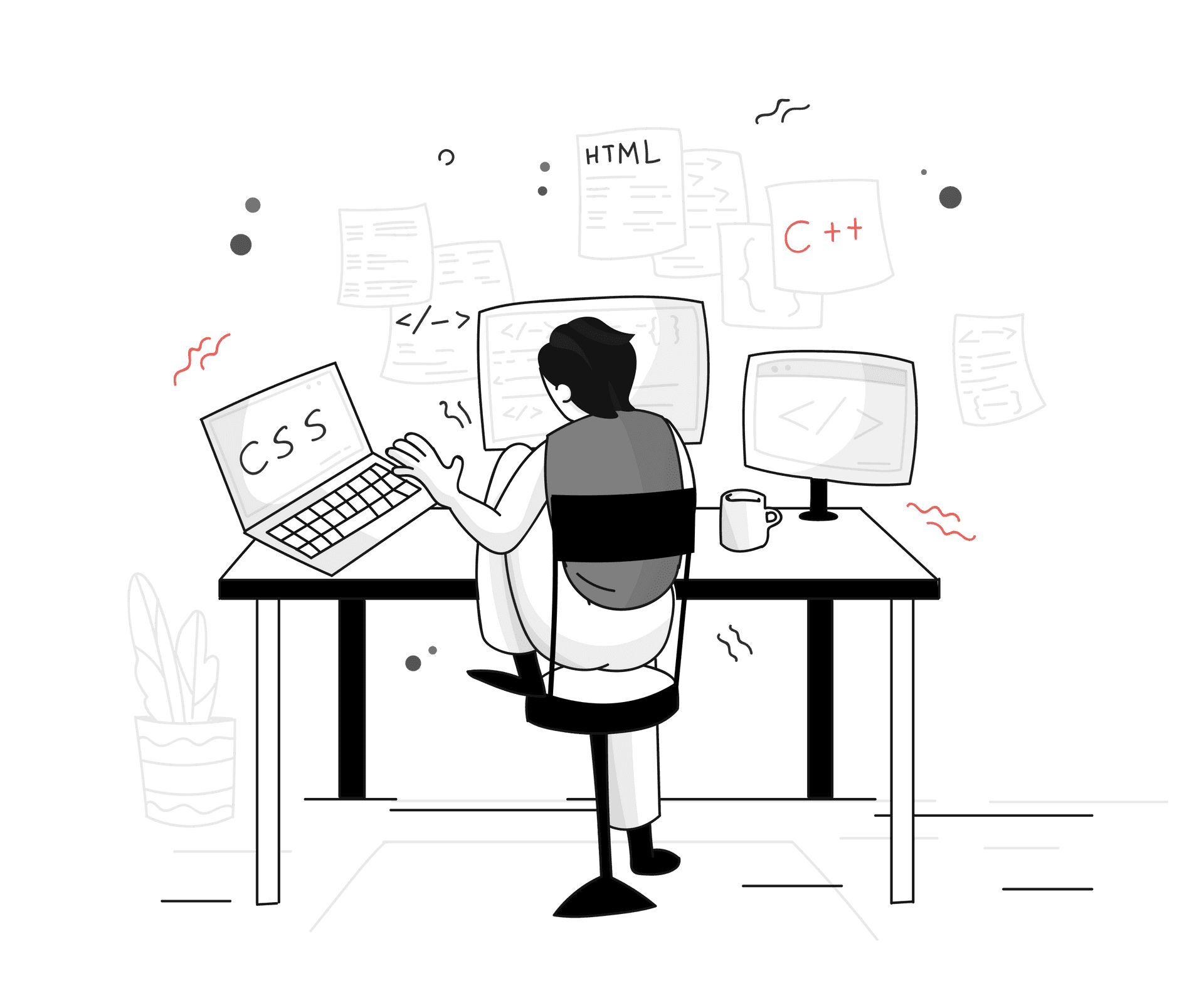 A web developer sitting at his desk with a laptop and two monitors